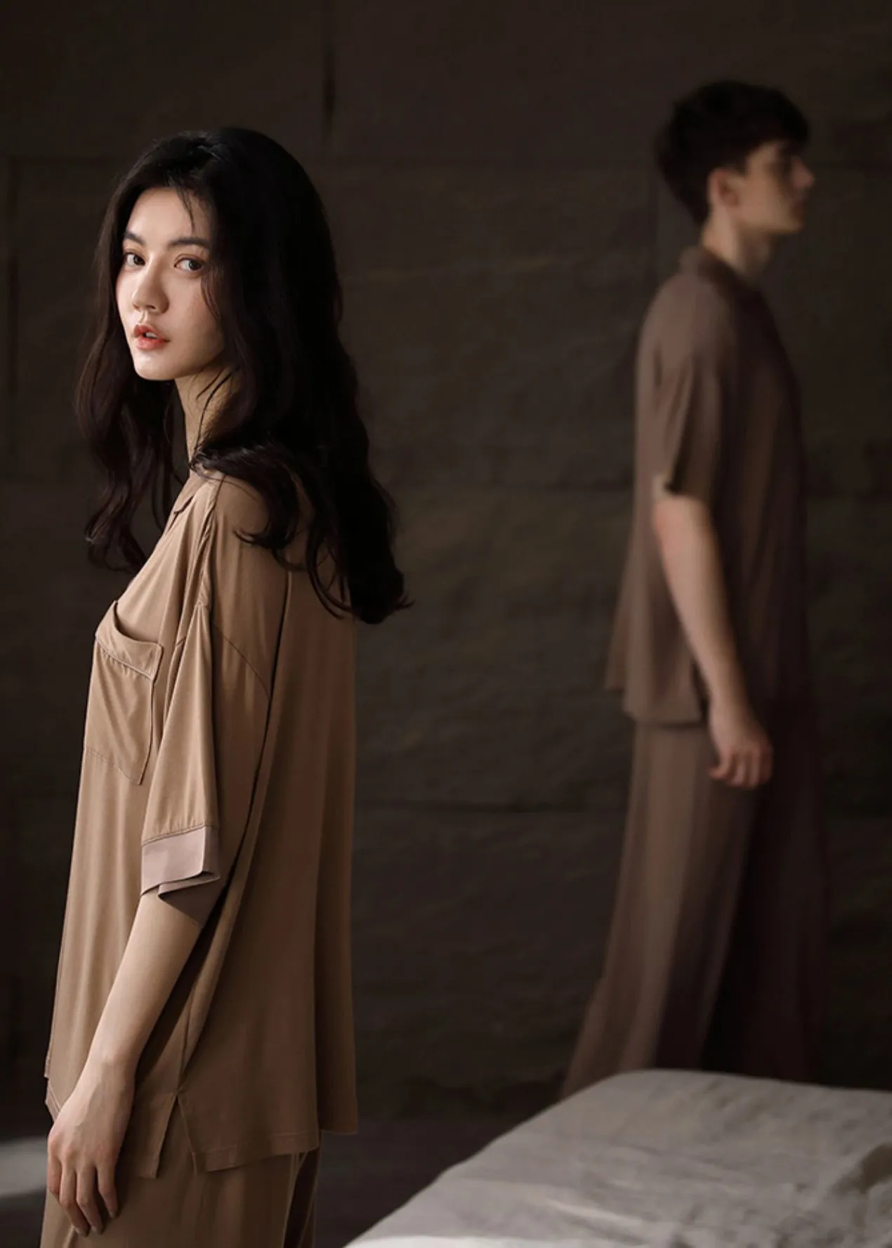 Boho Khaki Peter Pan Collar Button Couple Pajamas Two Pieces Set Half Sleeve LY2839